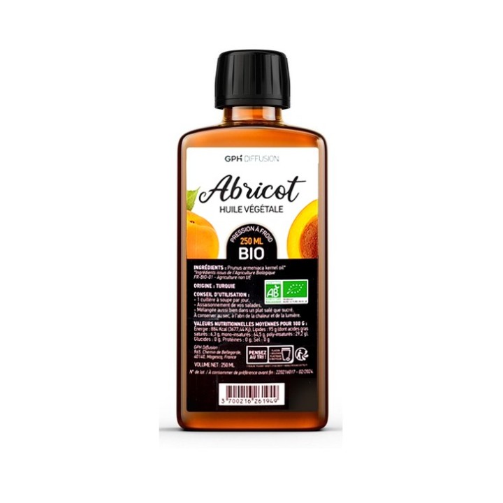 Huile végétale de noyau d'Abricot Bio, 100% naturelle, pressée à froid
